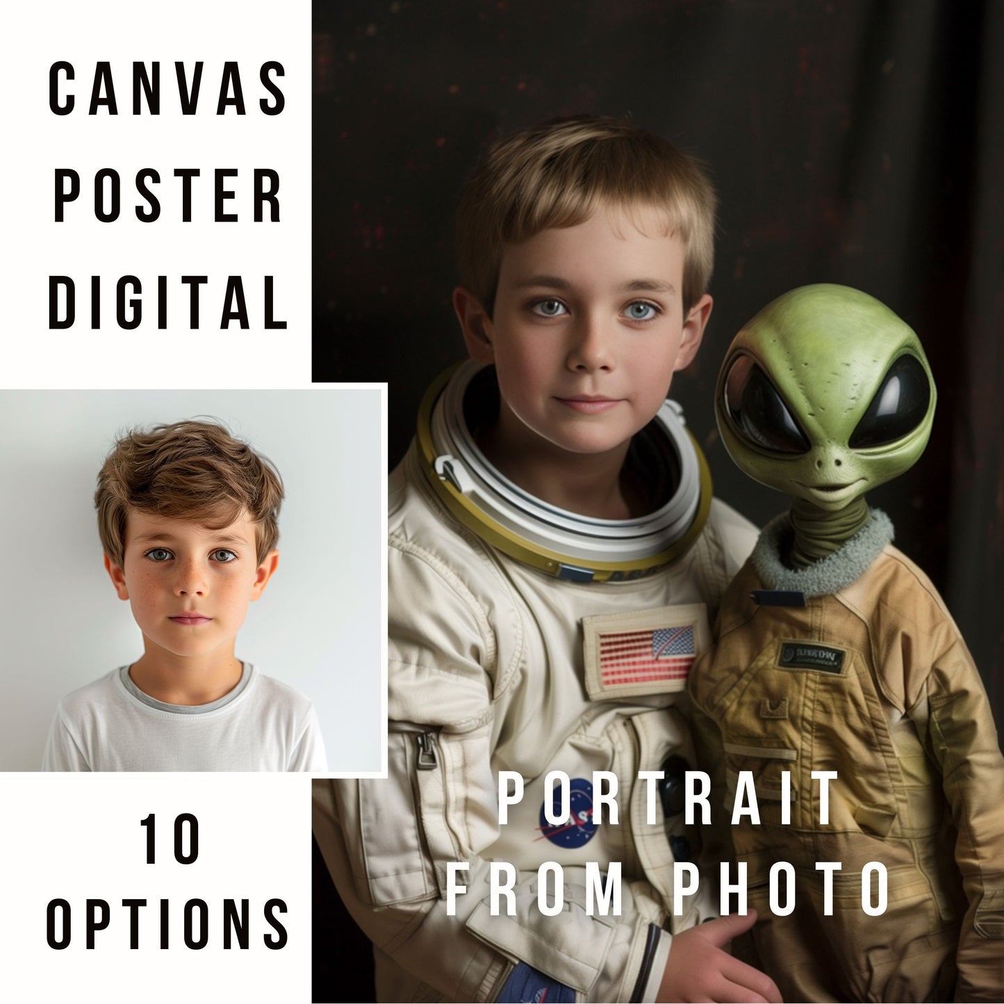 Astronaut With Alien Portrait, Face Swap, Spacesuit Portrait From Photo, Kids Portrait, Portraits For Boys and Girls, Space Canvas & Poster