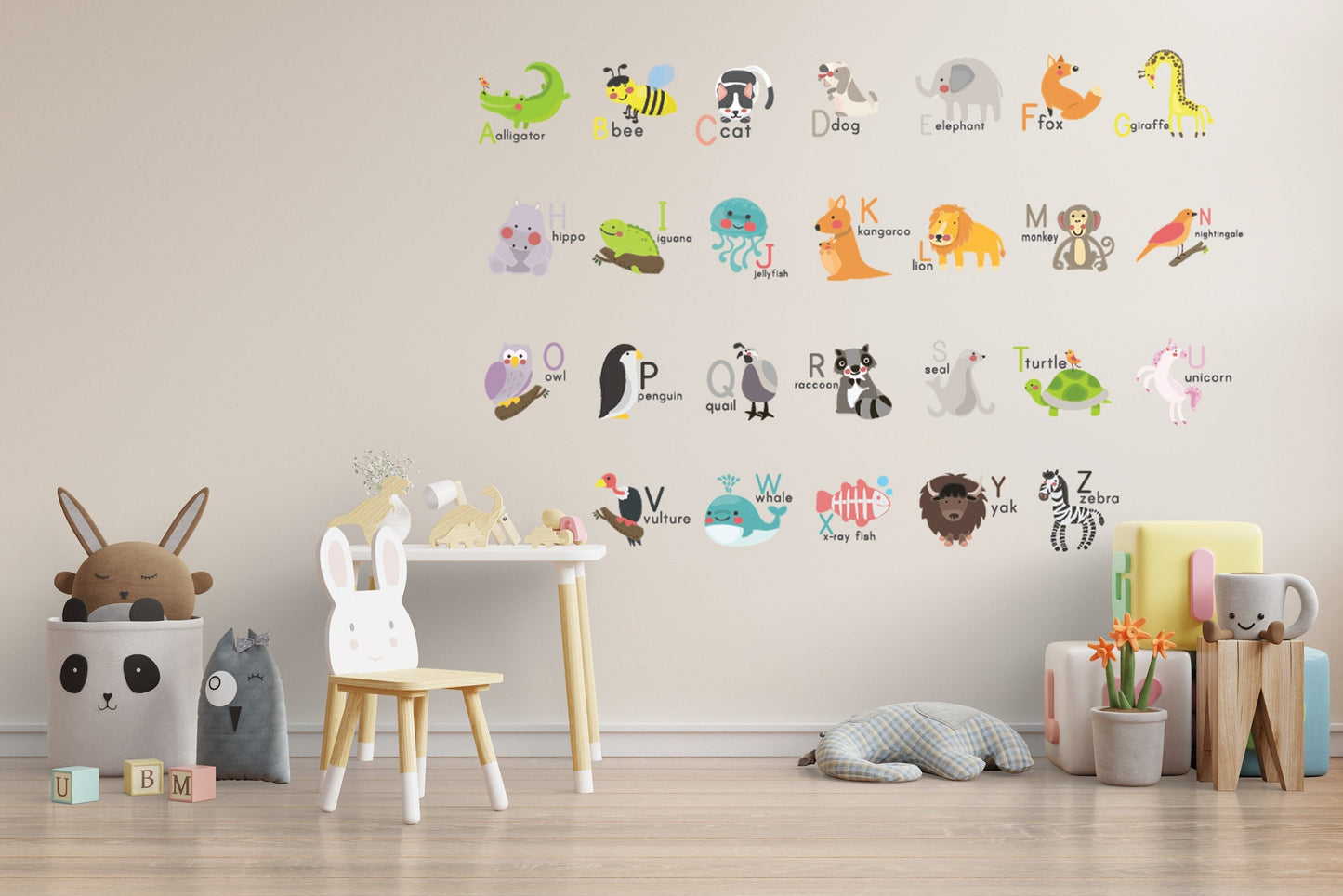 Alphabet forest animals Wall Stickers Educational Easy robots Phonics Learning Peel & Stick Decals for Kids’ Bedroom, Nursery Playroom 7D18